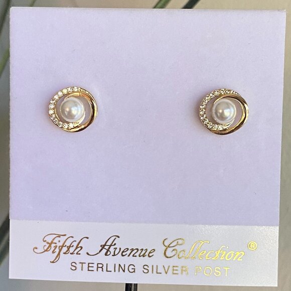 Infinity Gold Tone Faux Pearl Cubic Zirconia Earrings - Picture 1 of 6